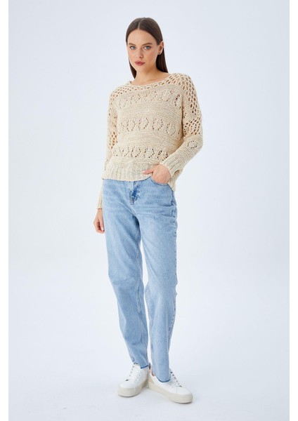 6859 Kadın Kayık Yaka Ajurlu Mevsimlik Triko Kazak Bej indirimleri