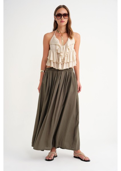 4612 Kadın Yandan Cepli Pileli Bol Etek Haki