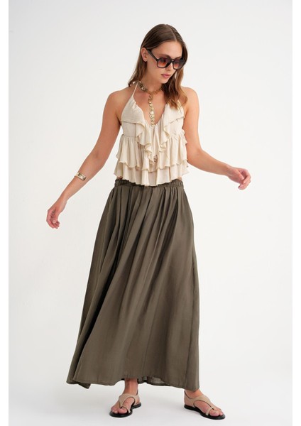 4612 Kadın Yandan Cepli Pileli Bol Etek Haki fiyatları