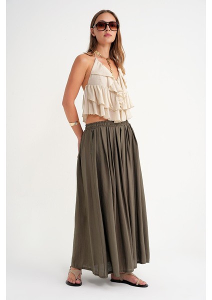 4612 Kadın Yandan Cepli Pileli Bol Etek Haki modelleri