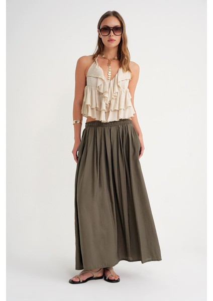 4612 Kadın Yandan Cepli Pileli Bol Etek Haki fırsatları