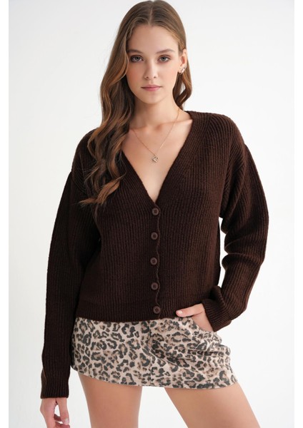6943 Kadın V Yaka Selanik Hırka Kahve