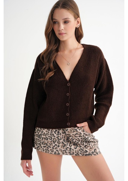 6943 Kadın V Yaka Selanik Hırka Kahve modelleri