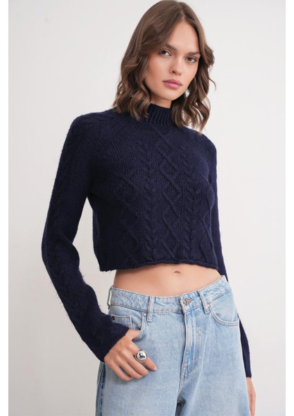 6855 Kadın Dik Yaka Saç Örgülü Triko Kazak Lacivert