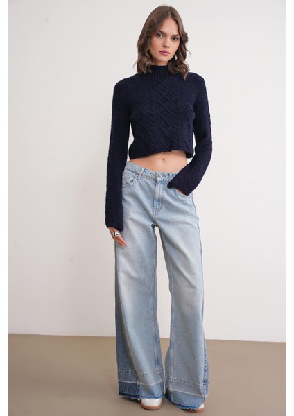 6855 Kadın Dik Yaka Saç Örgülü Triko Kazak Lacivert fiyatları