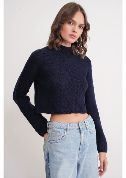 6855 Kadın Dik Yaka Saç Örgülü Triko Kazak Lacivert modelleri