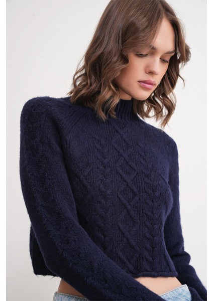 6855 Kadın Dik Yaka Saç Örgülü Triko Kazak Lacivert fırsatları