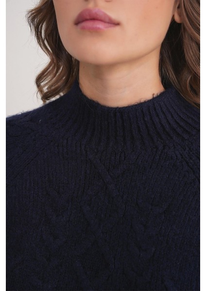 6855 Kadın Dik Yaka Saç Örgülü Triko Kazak Lacivert indirimleri