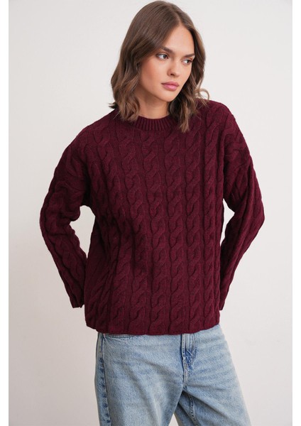 6973 Kadın Saç Örgülü Regular Basic Triko Kazak Bordo