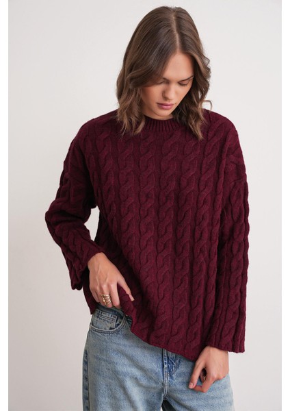 6973 Kadın Saç Örgülü Regular Basic Triko Kazak Bordo modelleri