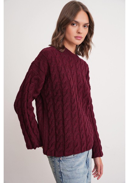 6973 Kadın Saç Örgülü Regular Basic Triko Kazak Bordo fırsatları