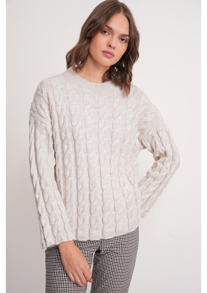 6973 Kadın Saç Örgülü Regular Basic Triko Kazak Taş