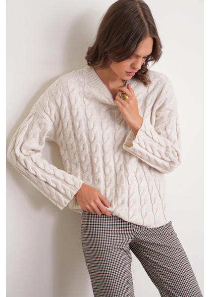 6973 Kadın Saç Örgülü Regular Basic Triko Kazak Taş modelleri