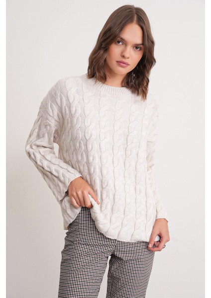 6973 Kadın Saç Örgülü Regular Basic Triko Kazak Taş fırsatları