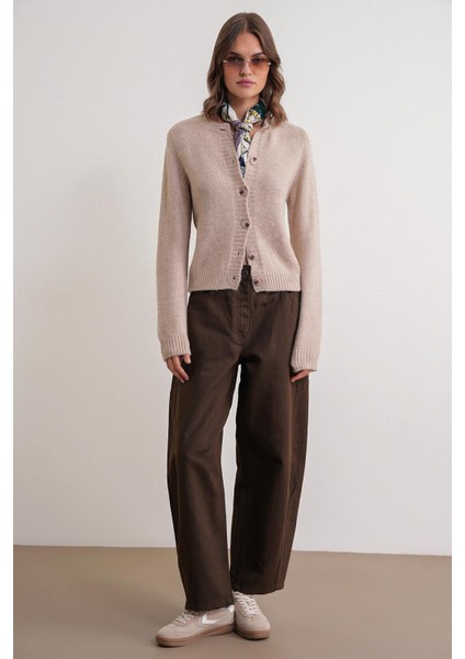 6951 Kadın Bisiklet Yaka Düğmeli Triko Kısa Hırka Bej fiyatları