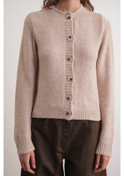 6951 Kadın Bisiklet Yaka Düğmeli Triko Kısa Hırka Bej indirimleri