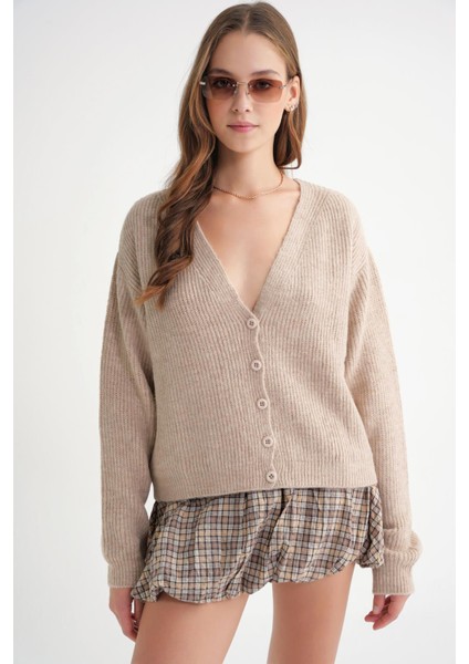6943 Kadın V Yaka Selanik Hırka Bej