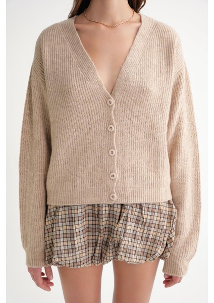 6943 Kadın V Yaka Selanik Hırka Bej indirimleri