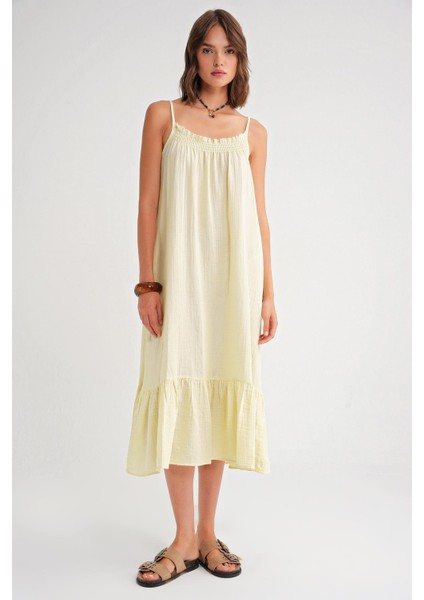 4740 Kadın Askılı Müslin Midi Elbise Sarı