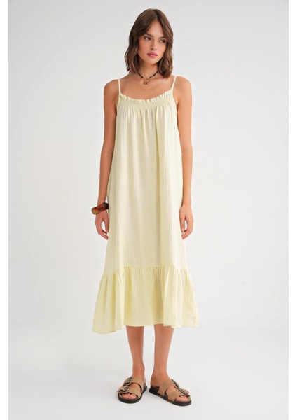 4740 Kadın Askılı Müslin Midi Elbise Sarı fiyatları