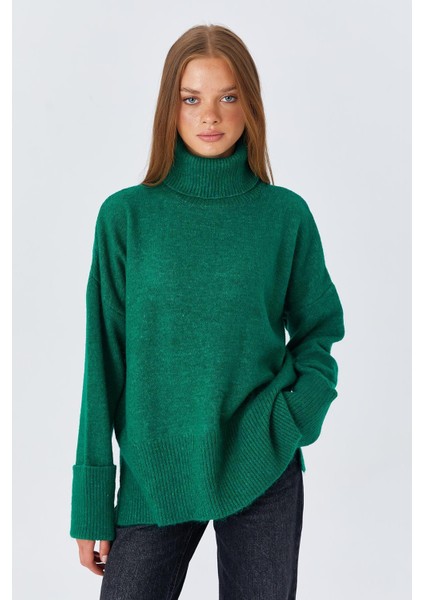 6828 Kadın Double Kol Balıkçı Triko Kazak Yeşil