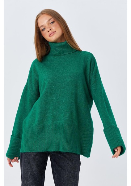 6828 Kadın Double Kol Balıkçı Triko Kazak Yeşil indirimleri