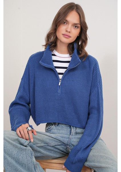 6752 Kadın Crop Fermuarlı Kazak Indigo