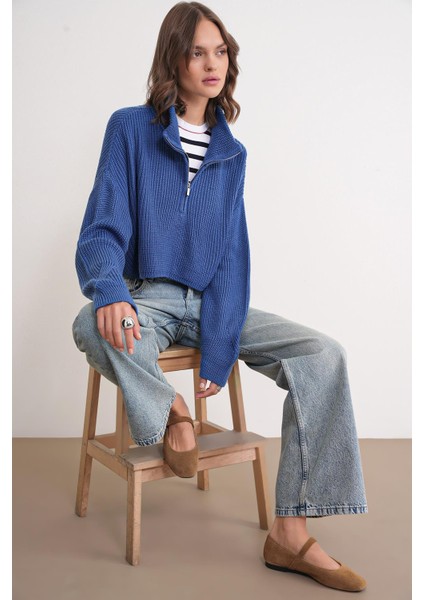 6752 Kadın Crop Fermuarlı Kazak Indigo fiyatları