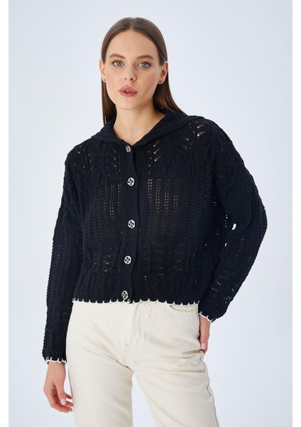 6861 Kadın Ajurlu Etek Ucu Renkli Triko Hırka Siyah