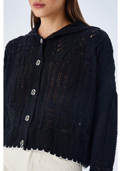 6861 Kadın Ajurlu Etek Ucu Renkli Triko Hırka Siyah modelleri