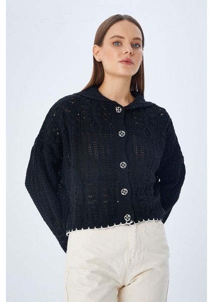 6861 Kadın Ajurlu Etek Ucu Renkli Triko Hırka Siyah fırsatları