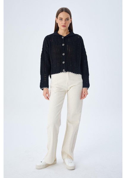 6861 Kadın Ajurlu Etek Ucu Renkli Triko Hırka Siyah indirimleri