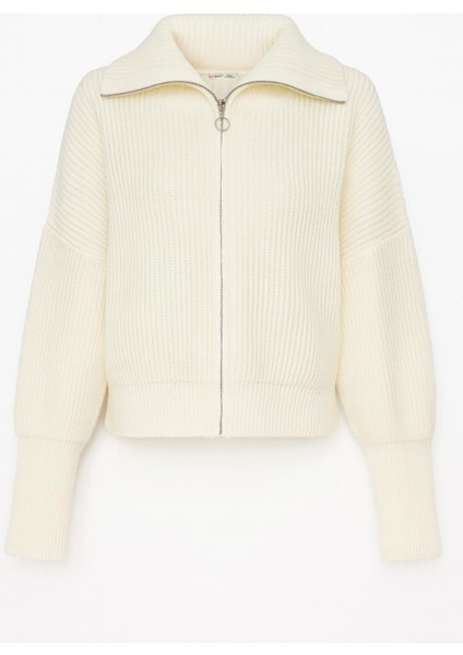 6919 Kadın Fermuarlı Balıkçı Yaka Triko Hırka Kemik