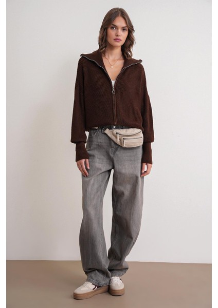 6919 Kadın Fermuarlı Balıkçı Yaka Triko Hırka Kahve fiyatları