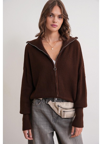 6919 Kadın Fermuarlı Balıkçı Yaka Triko Hırka Kahve modelleri