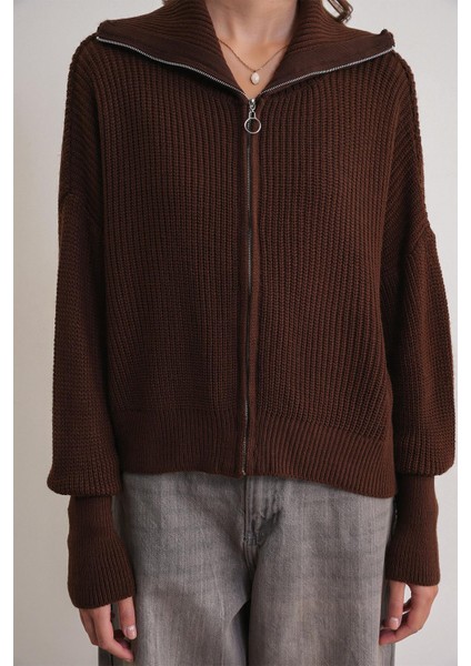 6919 Kadın Fermuarlı Balıkçı Yaka Triko Hırka Kahve indirimleri