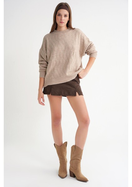 6947 Kadın Kendinden Desenli Oversize Triko Kazak Bej fiyatları