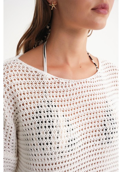 6942 Kadın Kayık Yaka Mevsimlik Ajurlu Kazak Kemik indirimleri