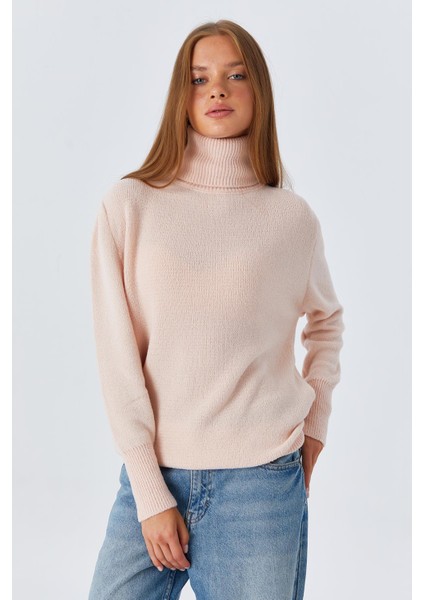 6278 Kadın Sakallı Balıkçı Triko Kazak Pudra modelleri