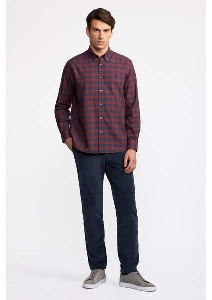 Erkek Kırmızı Cooper Fit Düğmeli Yaka Ekoseli Spor Gömlek modelleri