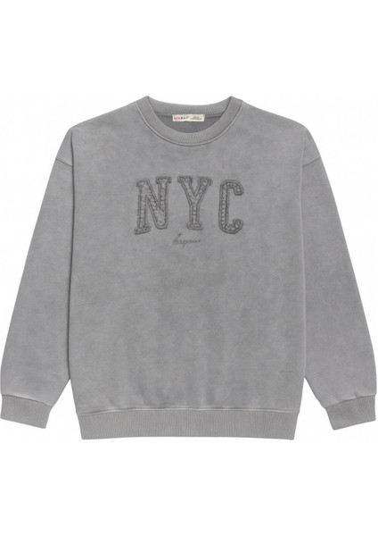 2020 Kadın Nyc Nakışlı Taş Yıkama 3 Iplik Sweatshirt Gri