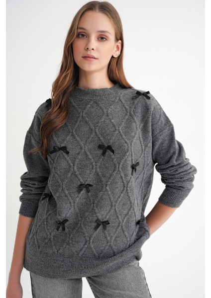 6946 Kadın Oversize Bisiklet Yaka Kurdeleli Triko Kazak Antrasit