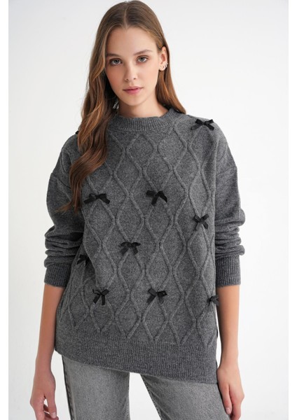 6946 Kadın Oversize Bisiklet Yaka Kurdeleli Triko Kazak Antrasit fırsatları