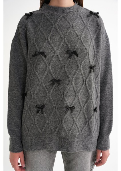 6946 Kadın Oversize Bisiklet Yaka Kurdeleli Triko Kazak Antrasit indirimleri