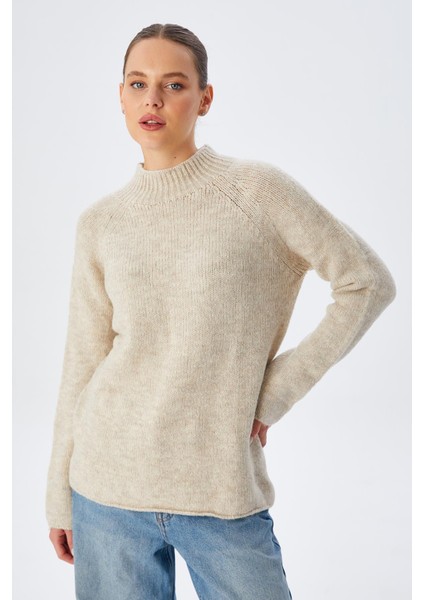 6849 Kadın Dikişsiz Dik Yaka Triko Kazak Taş