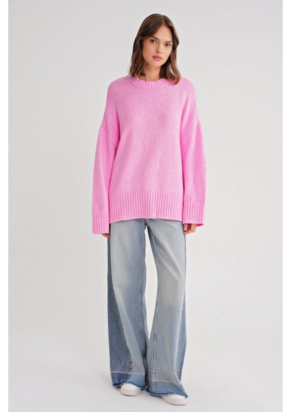 6925 Kadın Geniş Kollu Yumuşak Dokulu Triko Kazak Pembe fiyatları