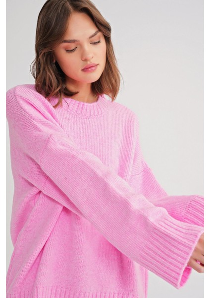6925 Kadın Geniş Kollu Yumuşak Dokulu Triko Kazak Pembe modelleri