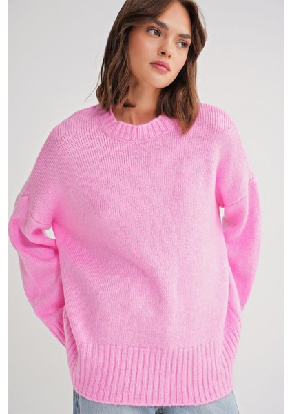 6925 Kadın Geniş Kollu Yumuşak Dokulu Triko Kazak Pembe fırsatları