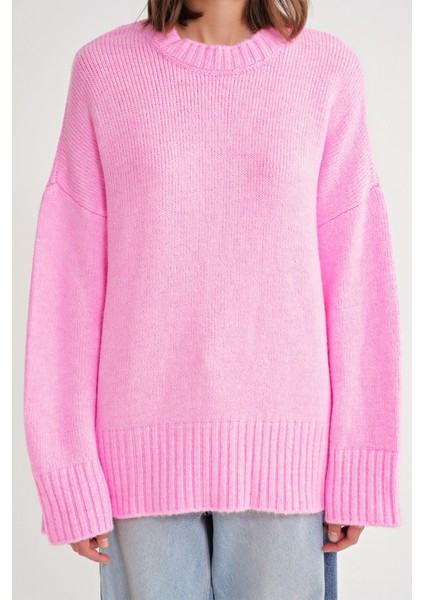 6925 Kadın Geniş Kollu Yumuşak Dokulu Triko Kazak Pembe indirimleri