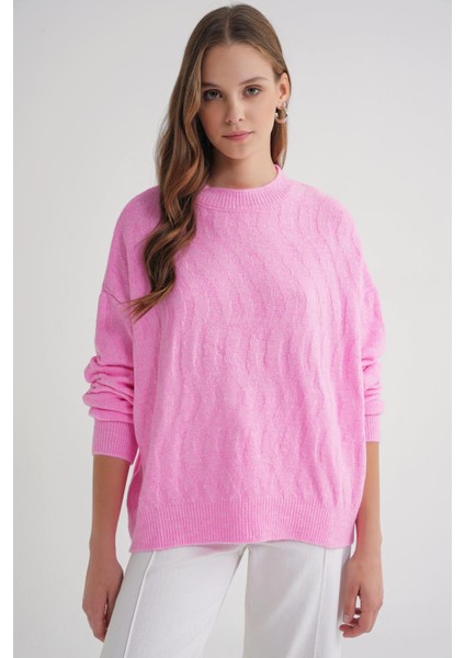 6947 Kadın Kendinden Desenli Oversize Triko Kazak Pembe